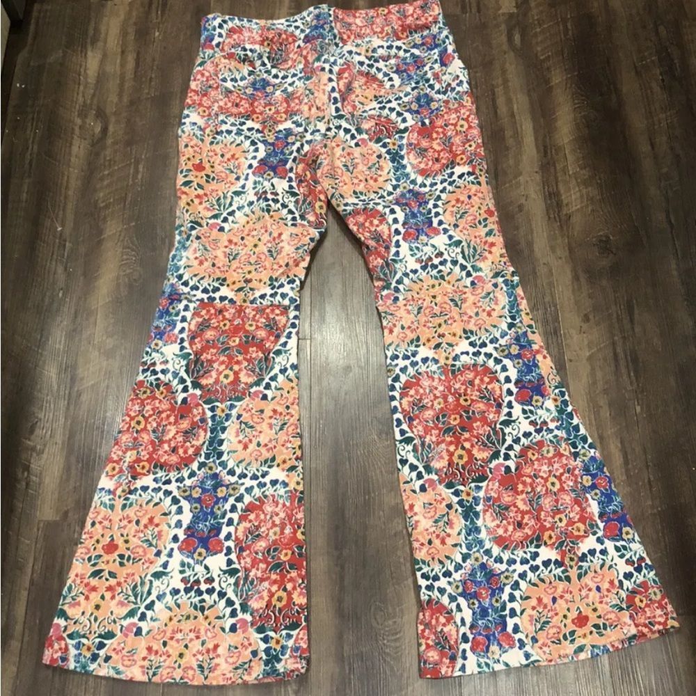 Free People Pull On Corduroy Printed Flares Stretchy Floral Red Blue Pink Nude - Picture 5 of 7